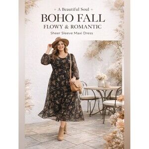 A BEAUTIFUL SOUL Floral Maxi Dress Boho Fall Sheer Sleeve Flowy Romantic Sz XL